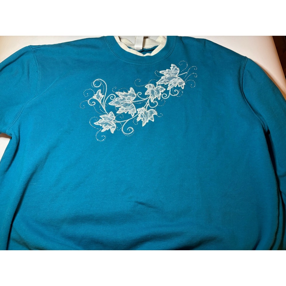 Vtg Decorated Originals Sweatshirt Womens XL Teal Double Collar Lace Ivy Leaves